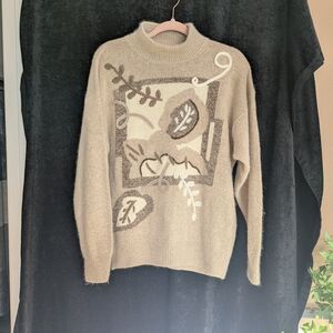 Santoria Beige Turtleneck Sweater with Floral Design. Silk Blend. Size XL.